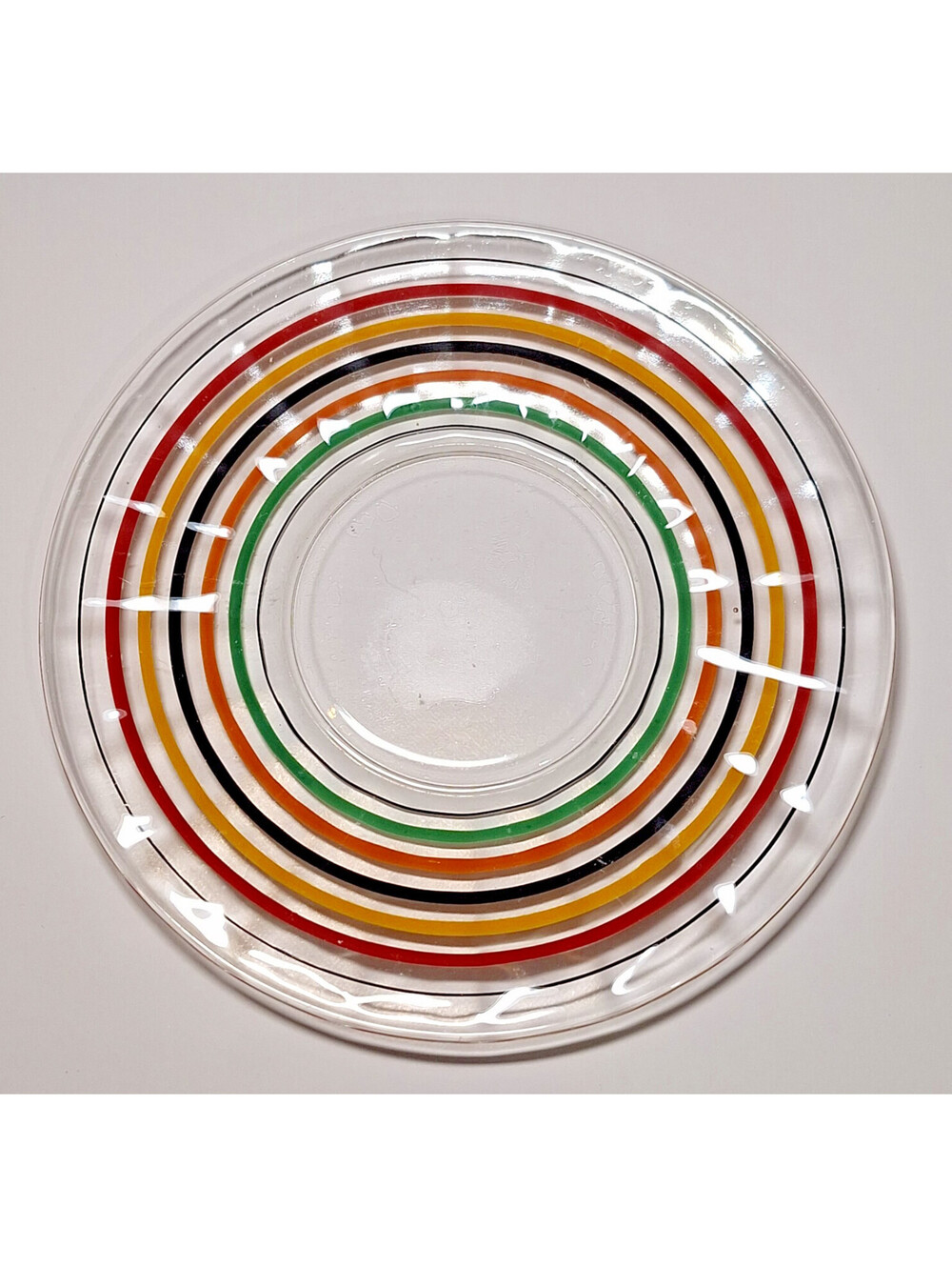 VTG GLASS FIESTA GO ALONG STRIPED RING BAND RED YELLOW GREEN BLACK PLATES 6.25in
